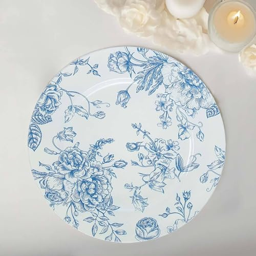Efavormart 6 Pack White Blue Floral Acrylic Charger Plates in French Toile Pattern, Round Dinner Charger Event Tabletop Decor - 13
