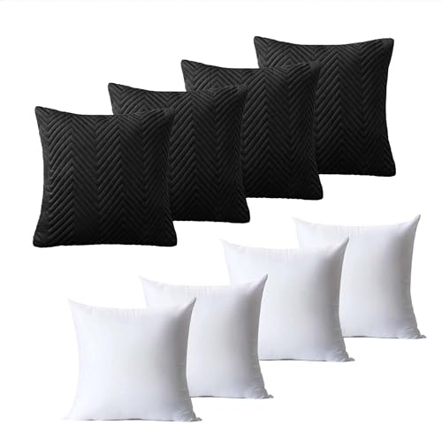 BedLooms Cushions with Covers Included 45 x 45 cm Set of 8 (4 Black Cushion Covers, 4 Cushion Inserts) Ultrasonic Square Throw Pillow Cases Decorative Sofa Cushion with Invisible Zipper