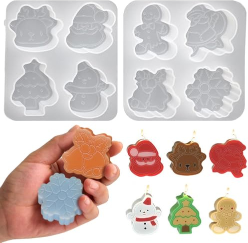 2 PCS Weihnachtsbaum Kerzenform, Lebkuchenmann, Elch, Santa Silikonform Kerzengießform, Kerzenform Silikon Weihnachtsbaum, Silikonformen Gießformen Weihnachten 3D für DIY Duftkerze (Glöckchen)
