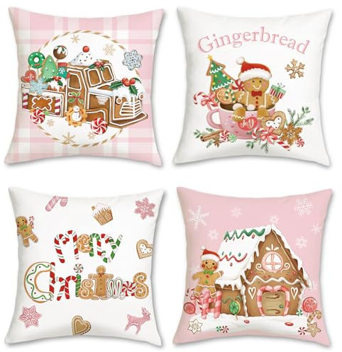 Bonhause Federe per Cuscini Natale Pan di Zenzero 45 x 45 cm Copricuscini Decorativi Camion Rosa Federa per Cuscino Divano Letto Casa Vacanze Inverno Decorazione Set di 4
