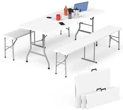 HLPB Juego de mesa plegable de picnic, mesa de camping de 6 pies con 2 bancos, mesa plegable portátil para interiores y exteriores, mesa plegable portátil para trabajo, reuniones, fiestas, camping,