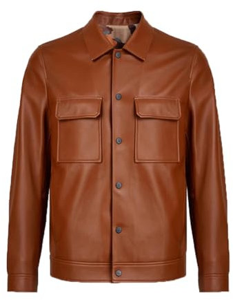 Braune klassische Schaffell-Jacke für Herren, britischer Stil, Kurzmantel, Knopfleiste, Lederjacke, braun, XXL