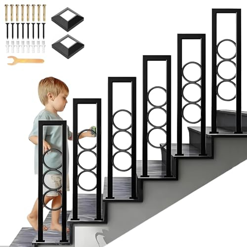 Pasamanos de Escalera en Forma de U, Pasamanos Antideslizante de 75-110 cm, Barandilla Interior de Metálica con Anillos Decorativos, Balaustre de Seguridad para Escalones Exteriores (Negro, 100cm)