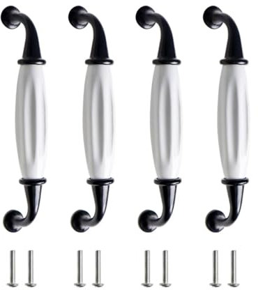 Qaixwuyi 4 Pcs Poignée Céramique Ancienne Meuble D'armoire Céramique Noir Blanc Poignée Tiroir Alliage Zinc