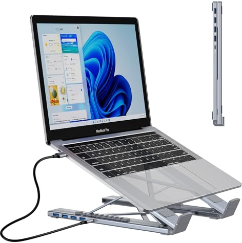 Umaniy M61 USB C zu USB Hub tragbarer Laptop Ständer, Aluminium 4 Ports USB3.0 Multiport Adapter Laptop Docking Station Stand USB DockingStation USBC Dock für MacBook Pro Air, Notebook, Tastatur, Maus