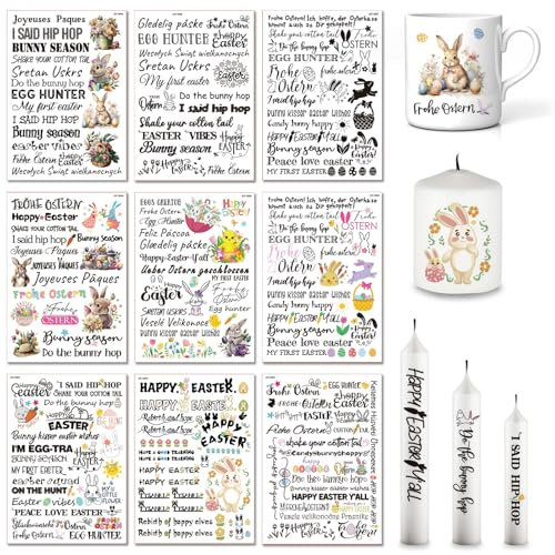 9 Stück Kerzentattoo Ostern, Wassertransferdruck, 19x14cm Wasserschiebefolie für Kerzen, Kerzenaufkleber, Kerzendekoration für Ostern, Geburtstag und DIY-Projekte (Set 2)