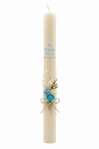 Vela (CIRIO) Bautizo para NIÑO O NIÑA, DE Cera BEIG. Medida 3x30 CM Decorada con Pick Floral (AZUL)