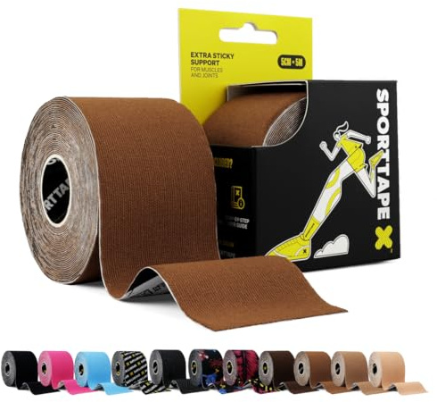 SPORTTAPE Skin Tones Kinesiology Tape, 5cm x 5m, Mid Brown - Extra Sticky | Kinetic Physio Tape for Muscle Injury Recovery, Sports Strapping, Knee Pain, Joint Support & Blisters - Single Uncut Rolls