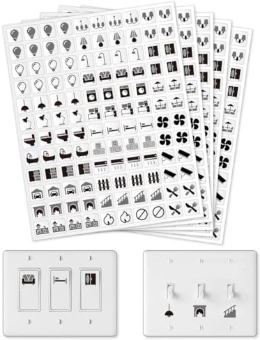 GOMAKERER 600 pegatinas para interruptor de luz, 29 diseños, pegatinas de identificación transparentes, para panel de interruptores negros, pegatinas para el hogar, cocina, baño, oficina, escuela