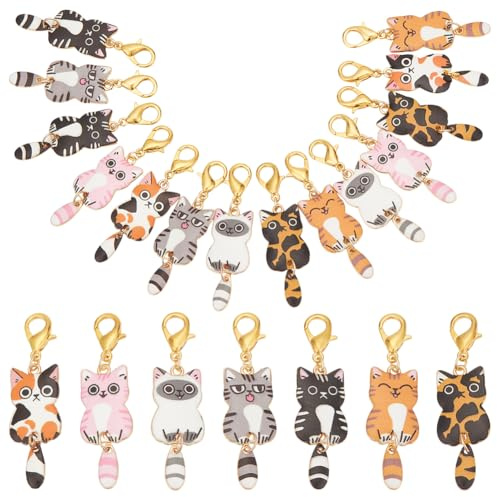 WADORN 14 Stück Süße Maschenmarkierer Katzenform, 7 Farben Häkel Maschenmarkierer Anhänger Aus Emaille Abnehmbarer Karabinerverschluss Katze Haustier Tieranhänger Zum Häkeln Weben Nähen Handarbeiten