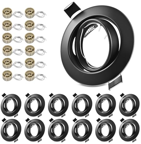 LteelDay Marco Foco Empotrable GU10 Negro Redondo, Incluye Zócalo GU10 Para Lámparas De Led O Halógena, Diseño Metálico Marco Empotrado Ojo de Buey - Aplicación en Baño, Sala, Cocina (Pack de 12)