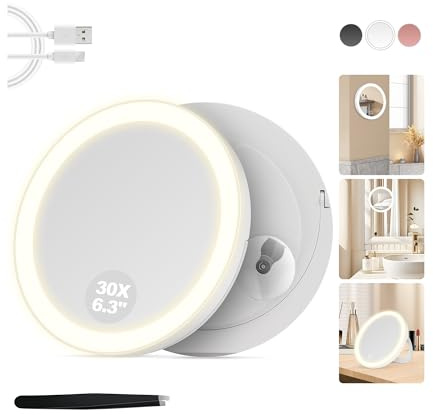 MOMOKUBA 30X Magnifying Mirror Suction Cup, 6 Makeup Mirror with Lights, Rechargeable with 3 Color & Dimmable Lights for Precision Makeup, Fits Hanging/Handheld/Desktop/Bathroom/Travel, White