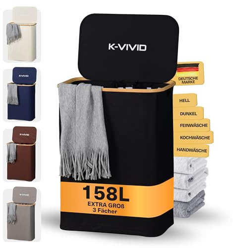 K-VIVID Wäschekorb 3-teilig (Schwarz) – 158 L – Wäschekorbe mit 3 Fächern – Wäschesammler mit Deckel & Tragegriffen – 3 Fächer zur Wäschetrennung – Wäschekorb mit herausnehmbarem Innensack
