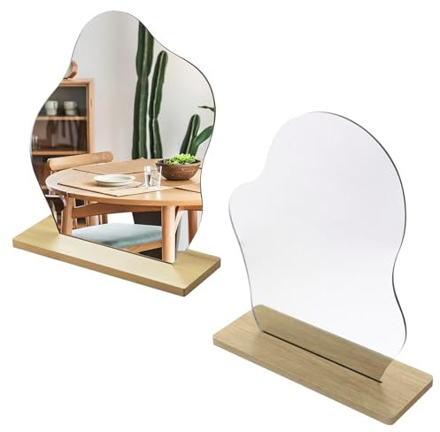 HERKINDNESS 2 Piezas Espejos, Forma Irregular Espejo Pequeño, Acrílico Sin Marco Espejo de Tocador, Espejo de Mesa con Base de Madera para Dormitorio, Hotel