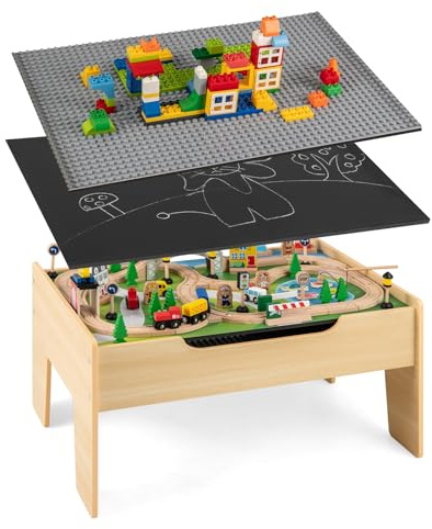 DREAMADE Table Circuit de Train en Bois, 78 Pièces avec Rails, Plateau Réversible & Amovible, Jouet Interactif Parent-Enfant, 3+ Ans