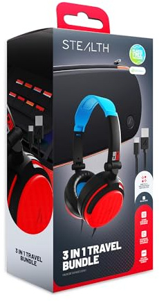 STEALTH 3 in 1 Switch 2 Travel Kit with C6-50 Gaming Headset and 2m Braided Charging Cable - Black with Neon Blue and Neon Red Accents