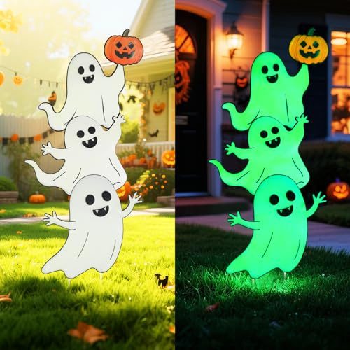 Larber 97CM Large Metal Halloween Ghost Yard Sign Glow in The Dark Ghost with Stake Halloween Outdoor Yard Signs Decoration for Lawn Garden Party Decoration