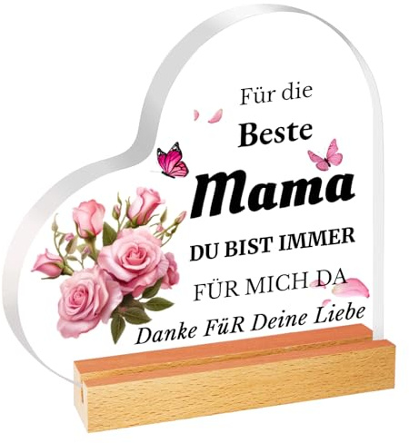 Muttertagsgeschenk, Mama Geschenk, Geschenk Muttertag, Herz Acryl Deko mit Holzsockel Für Mutter Geburtstagsgeschenk Mama Deko Aufsteller Mit Spruch Für Wohnzimmer Schlafzimmer Büro Geschenkidee