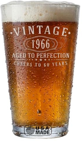 Vintage 1966 Etched 16oz Pint Glass 60th Birthday Gifts for Men Women 1.0 | Cheers 60 years! Happy Birthday party ideas him her turning 60 years old. Unique decorations decor for mom dad favors