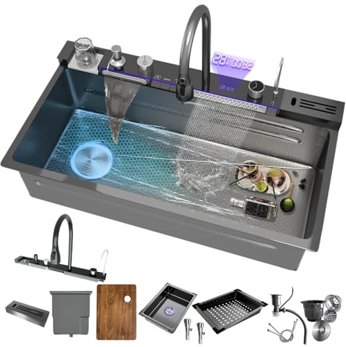 Smart waterfall kitchen sink worktop, inset black sink, stainless steel single bowl suitable for modern households and bars