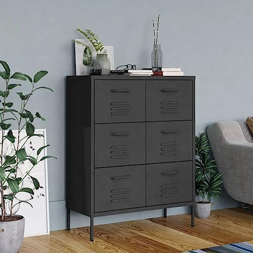 XHNIFBN Anthrazit Stahl-Aufbewahrungsschrank 80x35x101,5 cm mit 6 Schubladen, kugelgelagert bis 120 kg, Modernes Design Robust Langlebig für Wohnzimmer Büro Keller