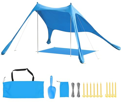Outsunny Tenda da Spiaggia per 2-4 Persone, Tenda Mare con Tappetino e Pala, Protezione Solare UPF50+, Pali in Alluminio e Picchetti, Resistente al Vento, 200x208x200 cm, Azzurro