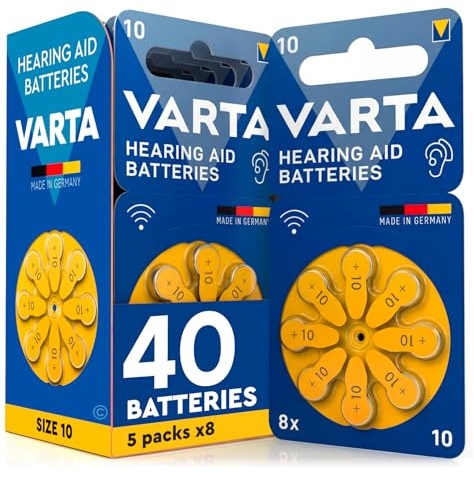 40 Batterien für Hörgeräte Größe 10 (Gelb) PR70 VARTA Zink-Luft Stabile Spannung Lange Lebensdauer und Auslaufsicher Kompatibel mit Allen Geräten Made in Germany - 5 Blister zu je 8 Batterien