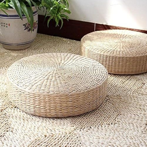 MAHAO Japanese Style Handcrafted Eco-Friendly Padded Knitted Straw Flat Seat Cushion,Hand Woven Tatami Floor Cushion Corn Maize Husk (Dia40cm/15.8 x 10cm/4)