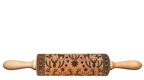 Incisione in Legno Mattarello,Antiaderente Laser Rilievo W/Motivo Mattarello Fondente Torta Dough Modellato Roller Cottura Al Forno Decorazione Biscotto Cookie Pasta Ripieno Goffrato Attrezzo - 38x5cm