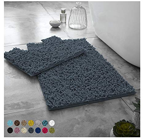 Lions Luxury 2 Piece Loop Bath Mats for Bathroom - Non Slip Chenille Bath Mat Set Rugs, Extra Soft with Water Absorbent Pedestal Bathmat Shower Toilet Mat, Dark Grey