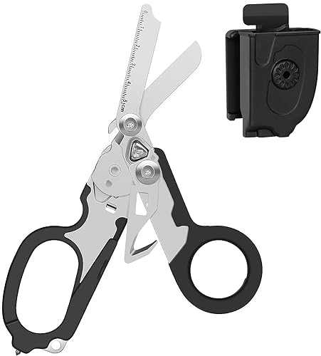 INSGB - 6 in 1 Raptor Response Notfallschere, Multitool Zangenschere, taktische Klappzange mit Bandschneider und Glasbrecher, schwarz mit Utility Holster