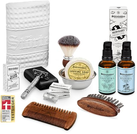Störtebekker® Premium Rasierhobel All-in-one Set - inkl. Rasierpinsel, Rasierseife, Rasierschale, Rasieröl, Rasierklingen, Rasiertuch, Alaunstein, Bartöl, Bartkamm und Bartbürste - Geschenkidee