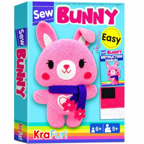 KRAFUN Beginner Sewing Kit for Kids - My First Bunny Stuffed Animal Craft, Pre-Punched Thick Felt, Child-Safe Plastic Needles, No-Mess DIY Educational Activity Gift for Girls & Boys Ages 6-10