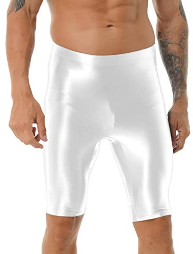 inlzdz Herren Glänzende Shorts Kurze Leggings Sporthose Glossy Strumpfhose Kompressionshose Hoher Taille Tights Trainingshose Bademode Weiß XL