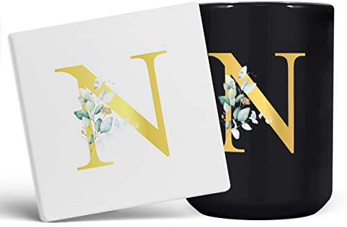 Taza de café con letra N personalizada, regalo personalizado, letra impresa con efecto dorado, no metálica, taza de café de cerámica para hombres o mujeres, taza extra grande y gigante, taza negra de