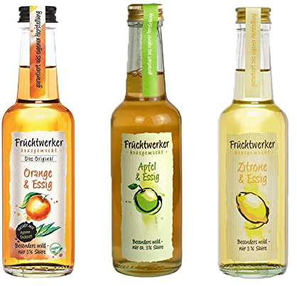 Fruchtwerker Essig und Frucht Set I Verschiedene Sorten I Fruchtig I Fruchtessig I Essig-Set I Rein Pflanzlich I Süß I In Glasflaschen (Apfel + Zitrone + Orange)