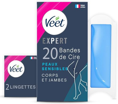 Veet EXPERT - 20 strisce di cera fredda per corpo e gambe, per pelli sensibili, finitura perfetta, depilazione a lunga durata