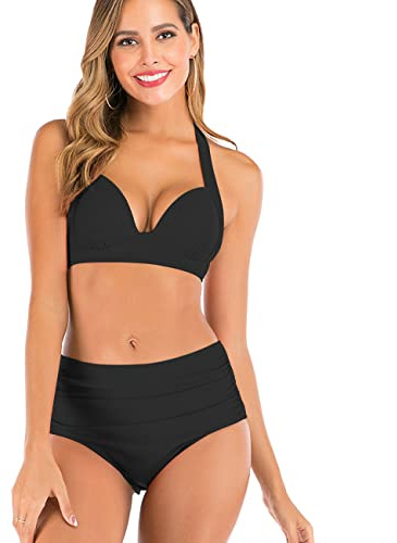 KOEMCY Bikini Damen Set Neckholder Highwaist Bikiniset Push up Badebekleidung Halter Badeanzug Zweiteilig Triangle Swimwear Bademode Strandmode Schwimmanzug