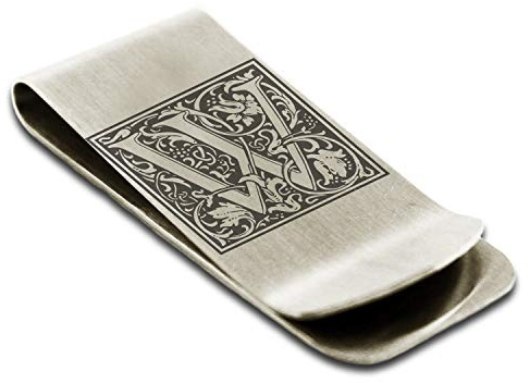 FlameReflection Stainless Steel Money Clip For Men Dad Boy Friend Father Floral Initial Monogram Letter Wallet Cash Card Holder Letter W