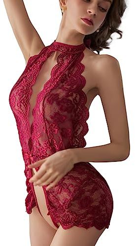 KONFEN Intimo Donna Sexy Lingerie, Scollo a V Collo a Farfalla Lace Completo Intimi Set Trasparente Senza Schienale, Babydoll Body Completino Perizoma Set Aperto, Biancheria Pizzo Lingerie (Rosso)