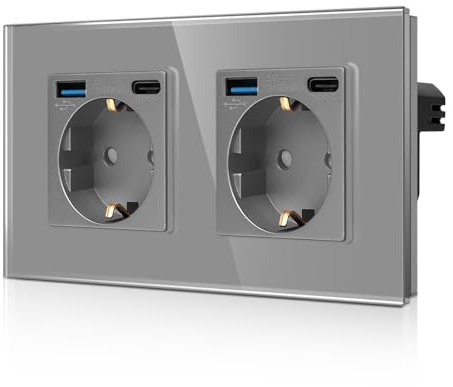 CNBINGO Doppelsteckdose mit 4× USB-Anschluss (20W Schnellladen) - 2× (Typ-C und USB-A) - Zweifach Glas Schuko Steckdose Unterputz - Grau Wandsteckdose mit Kindersicherung