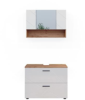 Vicco Badmöbel-Set Irma, Weiß Hochglanz/Goldkraft Eiche, 80 cm | besteht aus Badspiegel und Waschbeckenunterschrank