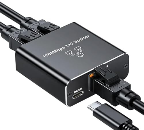 Panlouting Ethernet 1 a 2 RJ45 1000Mbps Adaptador Divisor, 2 Puertos para Uso Simultáneo, Alta Velocidad Extensión de Toma LAN de Internet con Cable de Alimentación USB Tipo C