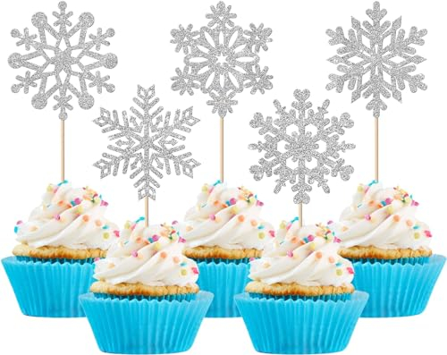 30 Stück Schneeflocken Tortendeko Glitzer Winter Schneeflocken Cupcake Toppers Gefrorenes Thema Kuchen Deko für Eingefroren Thema Geburtstag Party Weihnachten Baby Dusche Kuchen Dekoration Silber