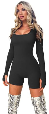 Bcenoilua Women's Jumpsuit Long Sleeve Square Neck Kurz Short Sexy Rippenstrick Bodycon Elegant One Piece Romper Schmale Passform Sportkleidung Trainingsanzug für Yoga Workout HS