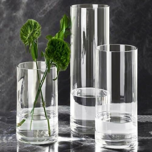 3 Pcs Acrylic Clear Cylinder Flower Vase for Plants Bouquet, Unbreakable Hurricane Tall Large Plastic Vases for Wedding Centerpieces, Hydroponic Decor Base Set of 3 (H 8 + H 10 + H 12 No Flowers)