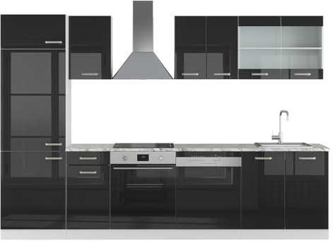 Vicco Küchenzeile R-Line, Küchenblock, Schwarz Hochglanz/Weiß, 300 cm, AP Marmor