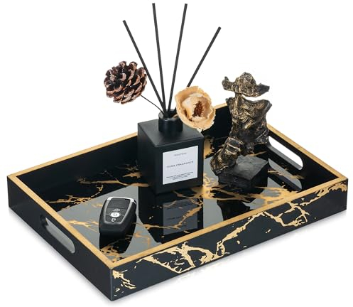 Hanobe Tablett Serviertablett Deko Holztablett: Marmor Rechteckig Modern Schwarz Holz Tablett mit Henkel - Dekorative Serviertabletts mit Griffen für Ottoman Bar Home Decor Couchtisch