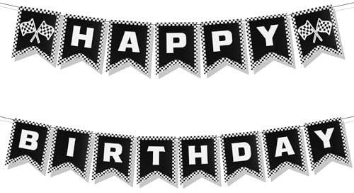 Bannière Joyeux Anniversaire Voiture Course, Décorations Fournitures à Thème Drapeaux à Bannière Noire Blanche Drapeau à Damier Course Décorations de fête d'Anniversaire de Voiture Course