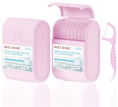 Holy Rose Palillos de hilo dental rosa, 2 fundas de hilo dental de viaje con hilo dental de doble línea, 104 unidades, sabor menta, palillos de dientes son una herramienta de cuidado bucal para